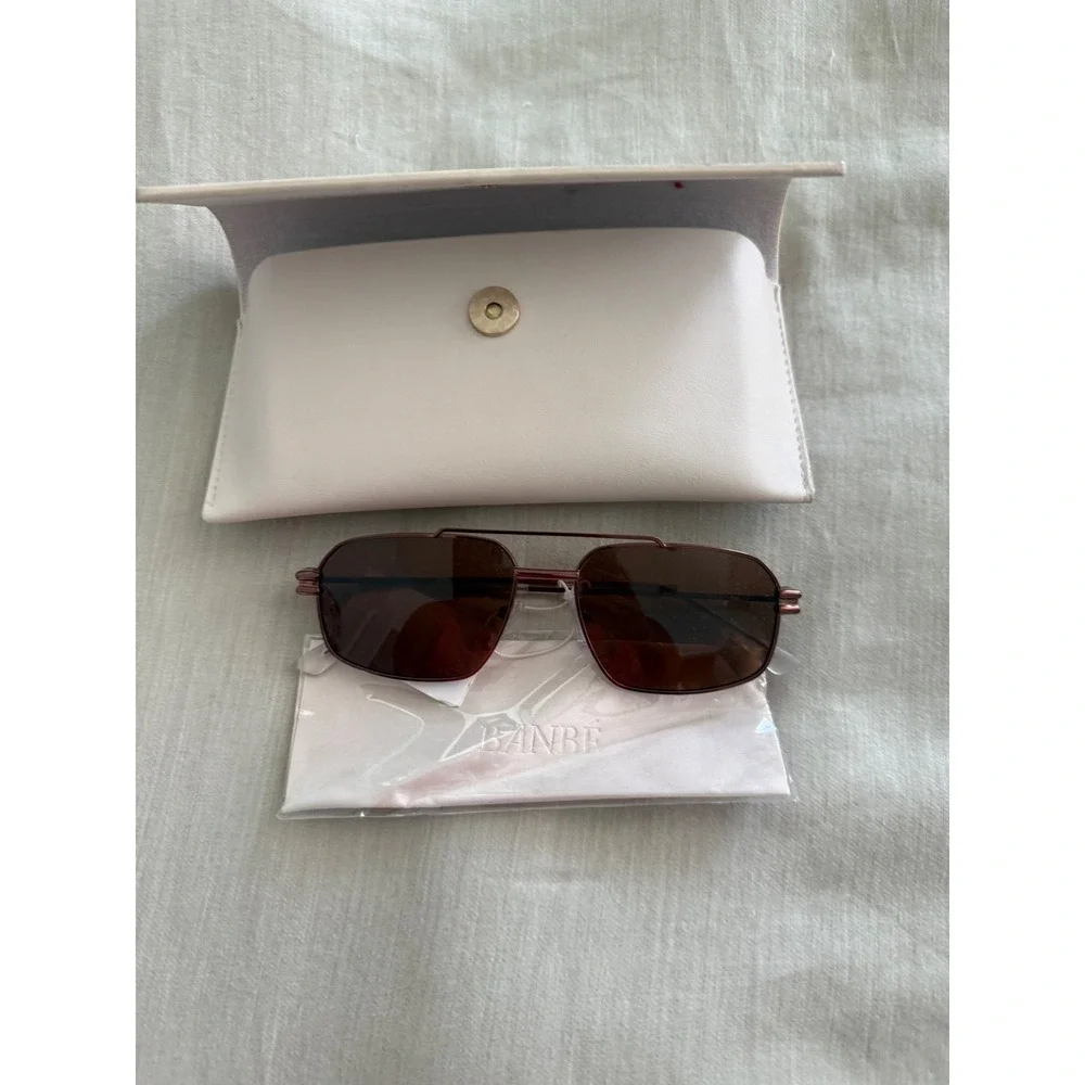 Banbé NWT Brown Lens Rose Gold Metal Aviator Sunglasses w Case Cloth Holder